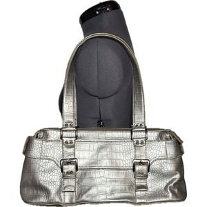 Vtg Y2K Silver Metallic Croc Embossed Shoulder Bag McBling Mob Wife Purse DAMAGD